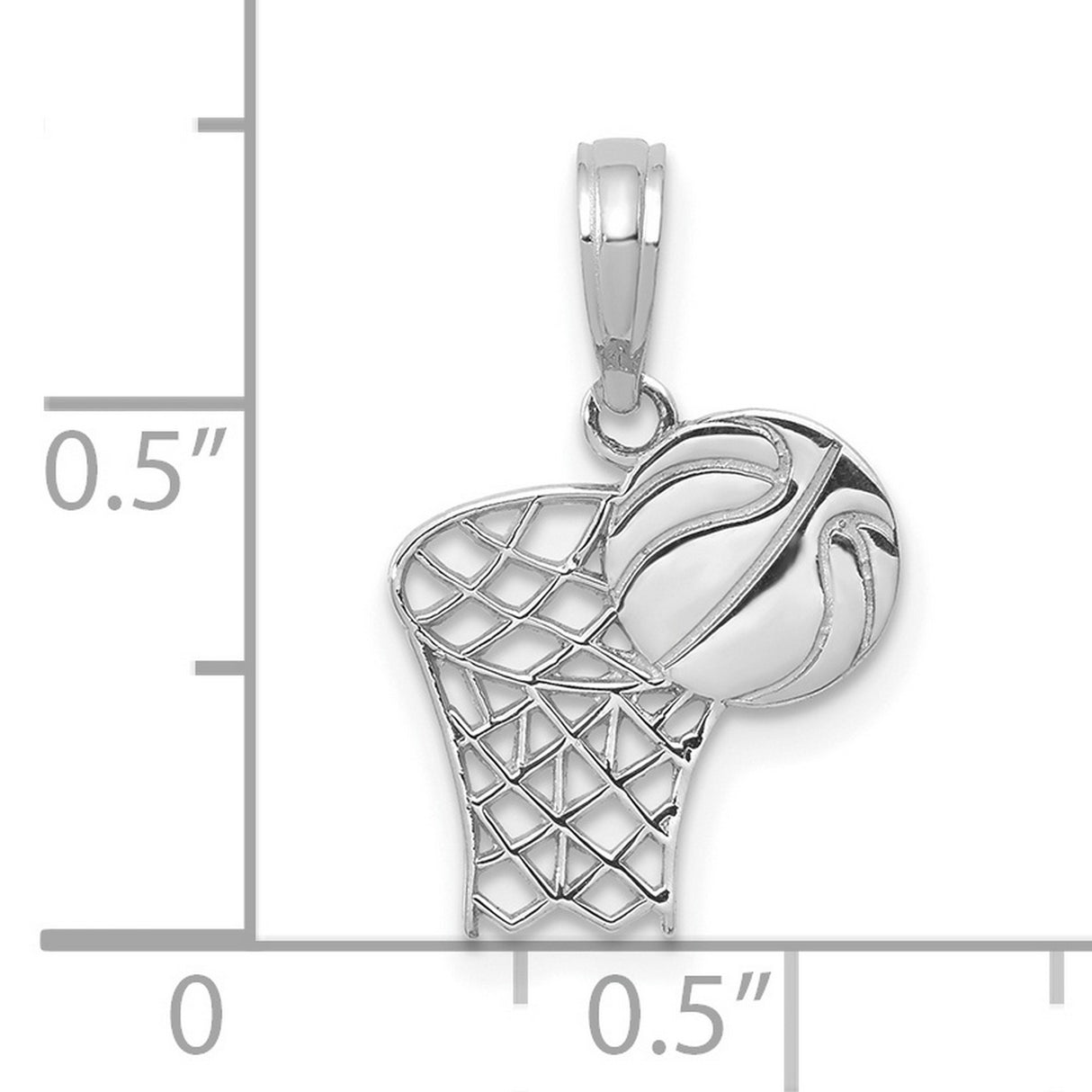 14k White Gold Basketball Pendant with Hoop and Ball Design, Athletic Charm for Sports Fans