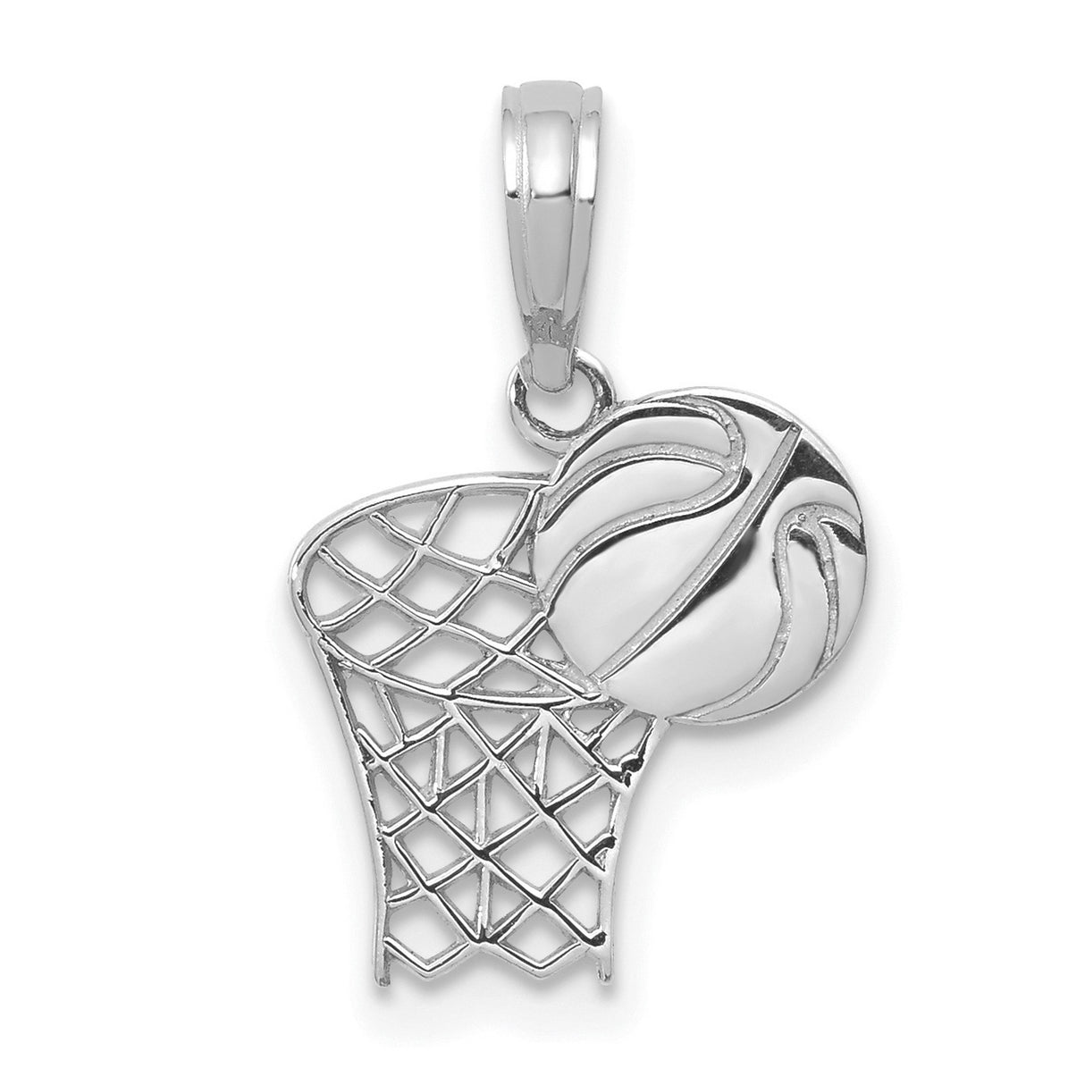 14k White Gold Basketball Pendant with Hoop and Ball Design, Athletic Charm for Sports Fans