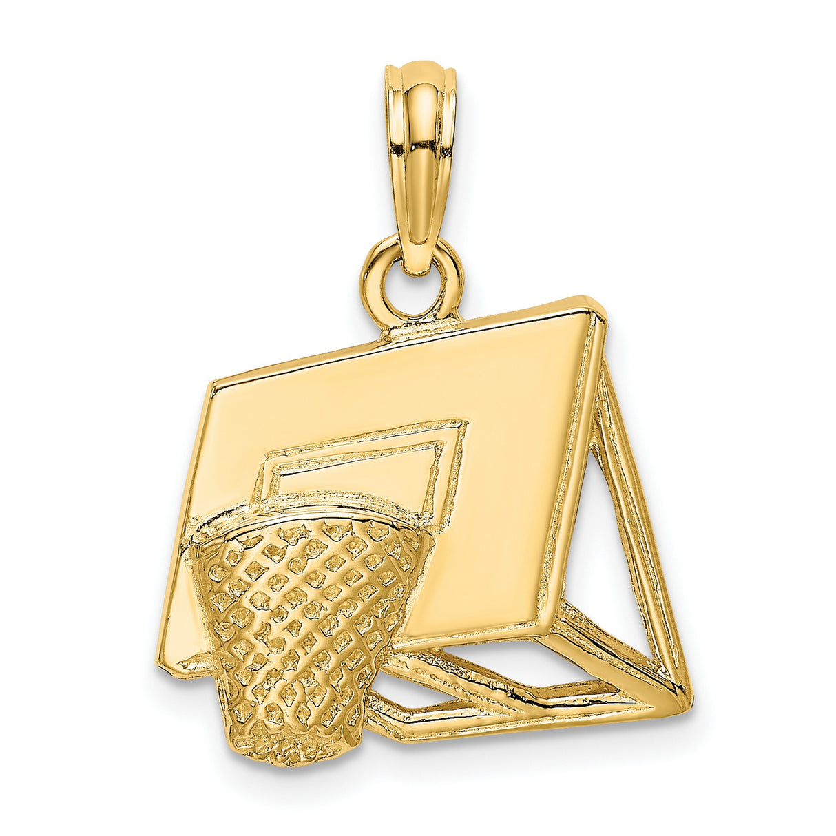 14k Yellow Gold Basketball Hoop Pendant with Detailed Backboard and Net Design