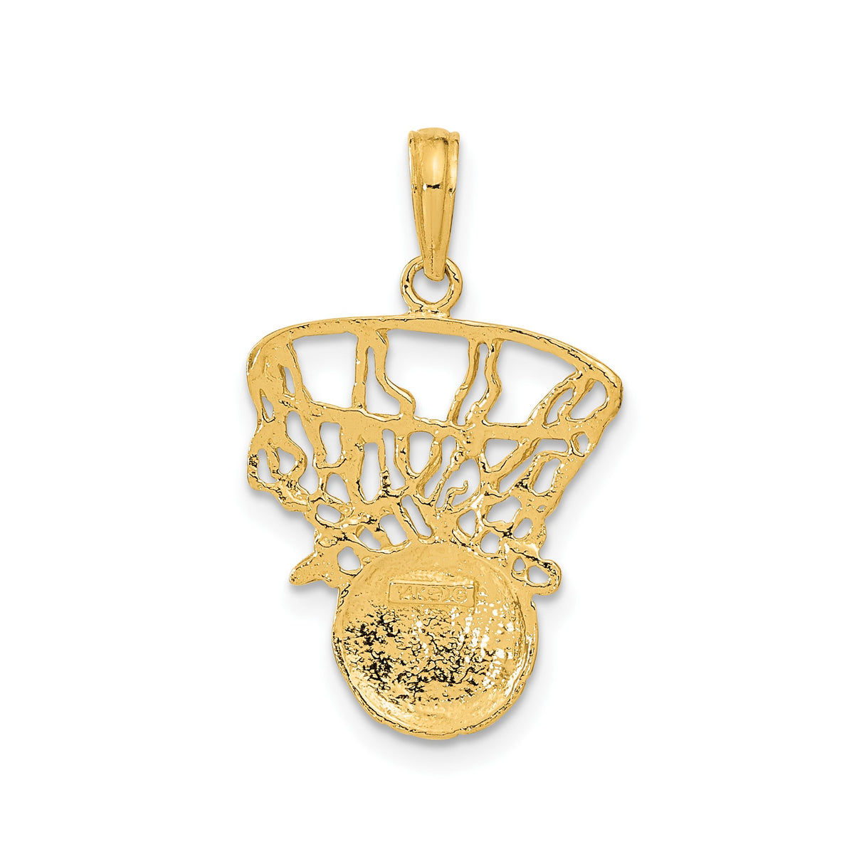 14k Yellow Gold Basketball Hoop Pendant with Detailed Net and Ball Design for Men or Unisex
