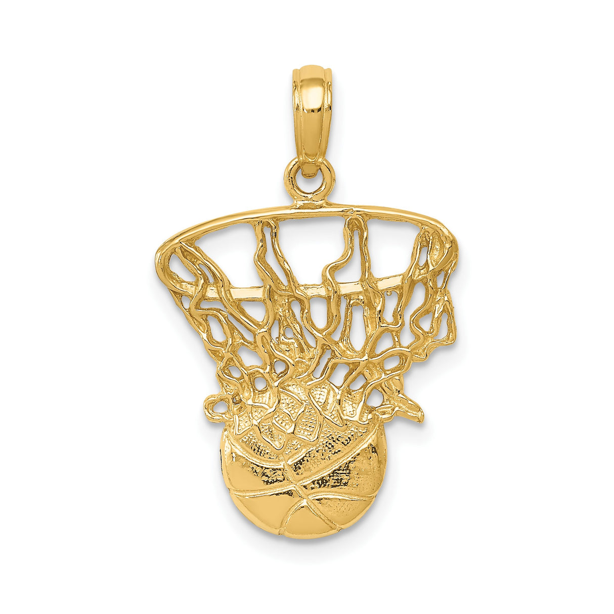14k Yellow Gold Basketball Hoop Pendant with Detailed Net and Ball Design for Men or Unisex