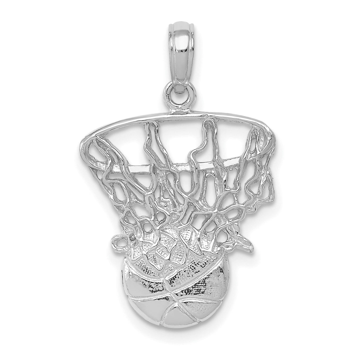 14k White Gold Basketball Pendant with Hoop and Net Design, Sporty Charm for Men or Women