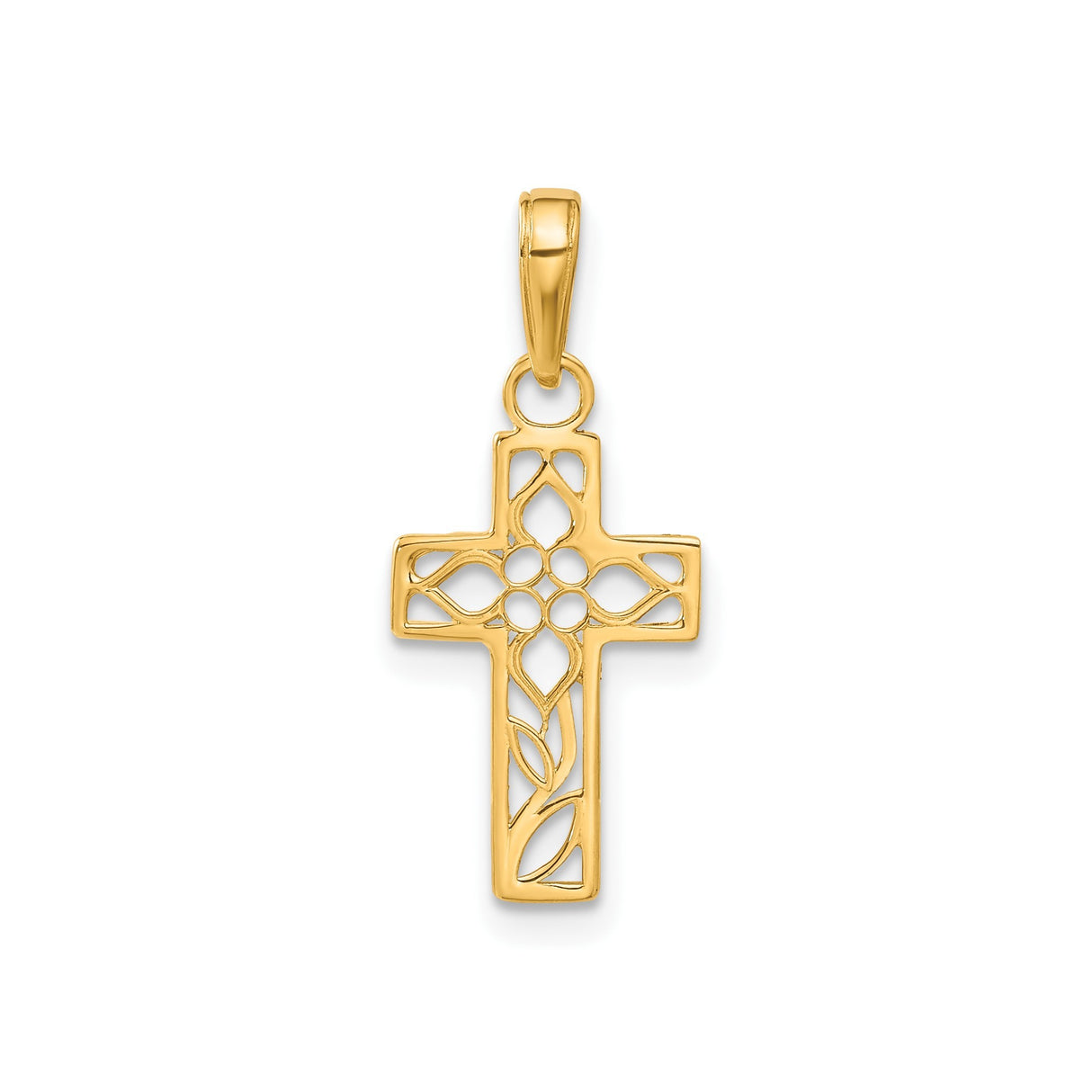14k Yellow Gold Cross Pendant with Filigree Floral Design and Milgrain Detailing
