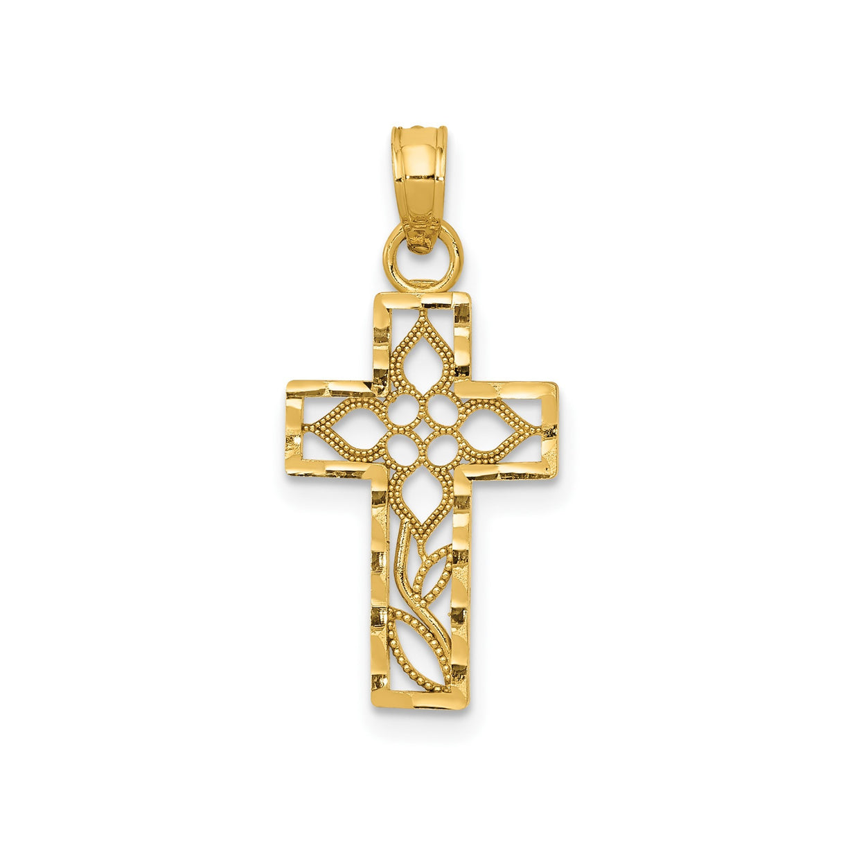 14k Yellow Gold Cross Pendant with Filigree Floral Design and Milgrain Detailing