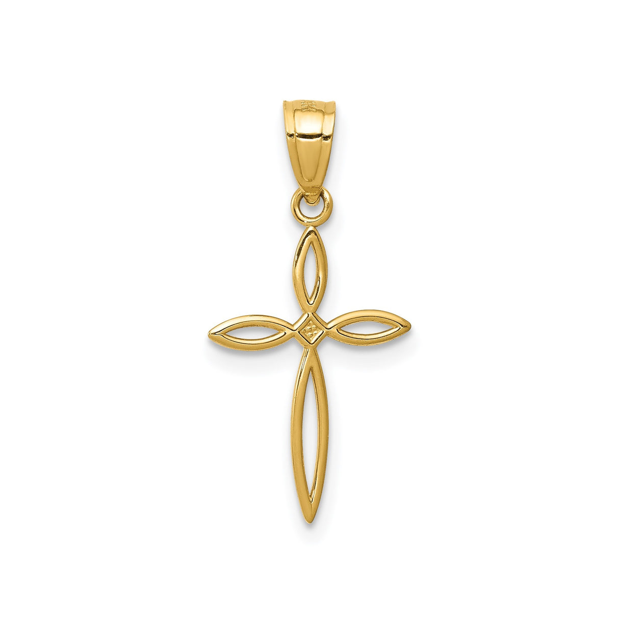 14k Yellow Gold Cross Pendant with Polished Ribbon Design and Floral Motif