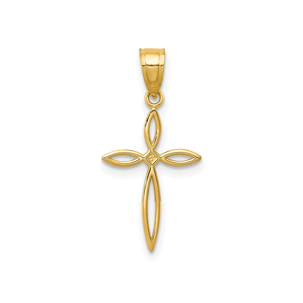 14k Yellow Gold Cross Pendant with Polished Ribbon Design and Floral Motif