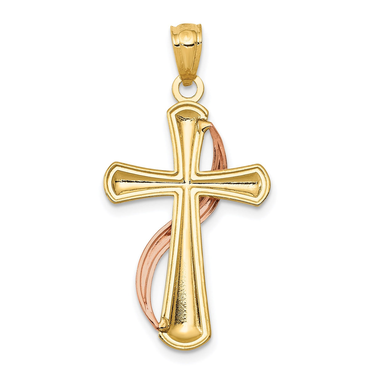 14k Two-Tone Gold Cross Pendant with Rose Accent and Milgrain Detail