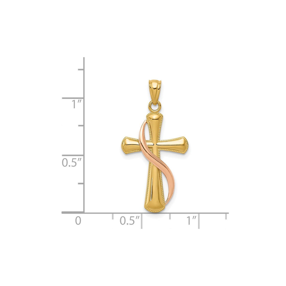 14k Two-Tone Gold Cross Pendant with Rose Accent and Milgrain Detail