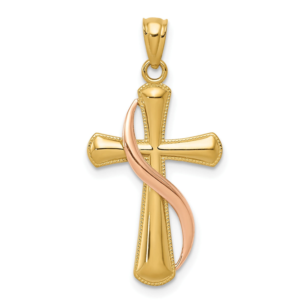 14k Two-Tone Gold Cross Pendant with Rose Accent and Milgrain Detail