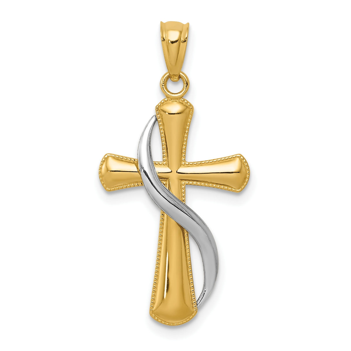 14k Two-Tone Gold Cross Pendant with Twisted Ribbon Detail and Silver Accent
