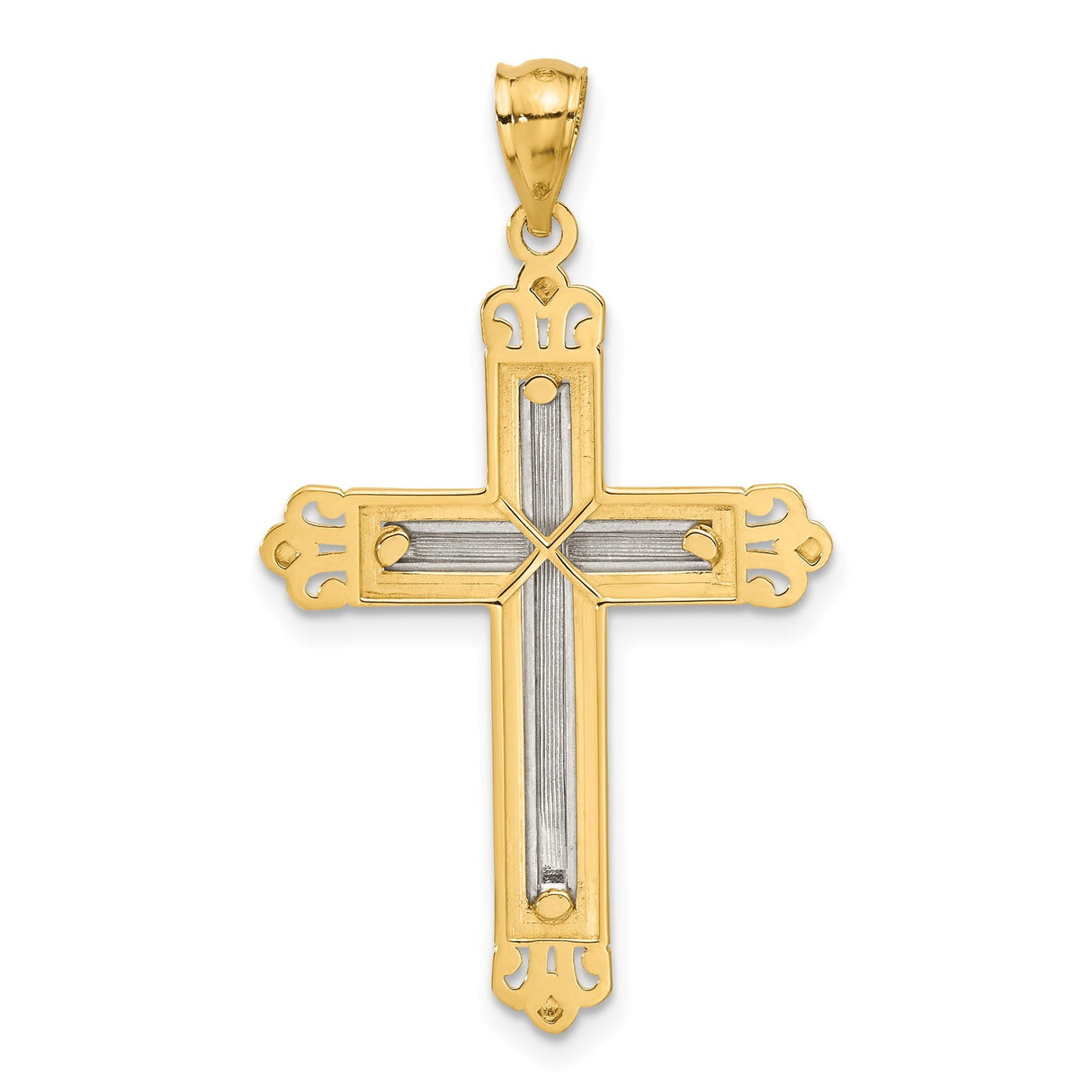 14k Multi-Tone Gold Cross Pendant with Rhodium Inlay Fleur Design