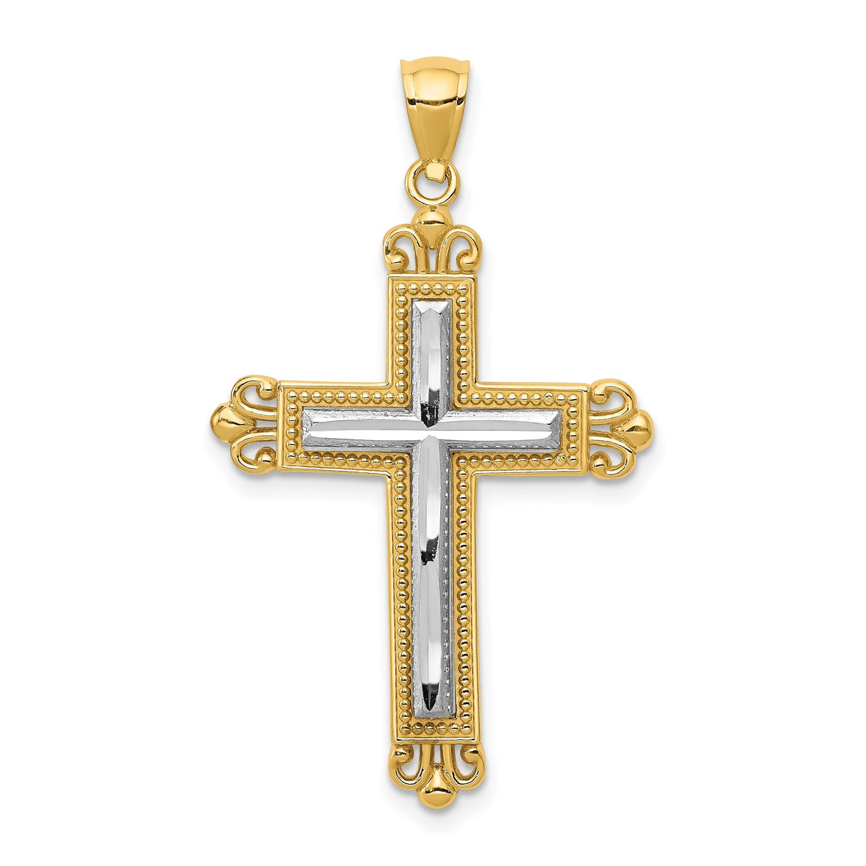14k Multi-Tone Gold Cross Pendant with Rhodium Inlay Fleur Design