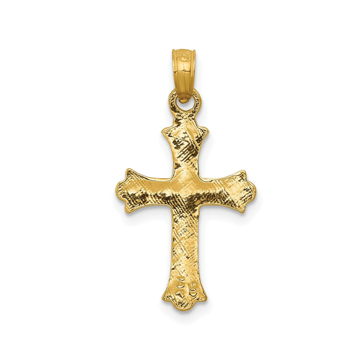 14k Yellow Gold Cross Pendant with Fleur De Lis Design, Textured Religious Charm for Men and Women