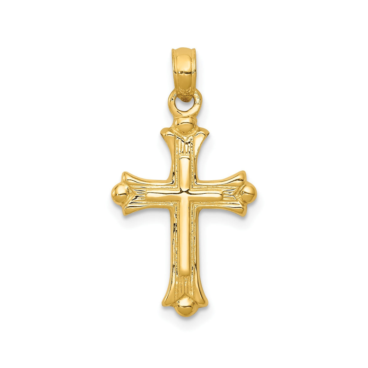 14k Yellow Gold Cross Pendant with Fleur De Lis Design, Textured Religious Charm for Men and Women