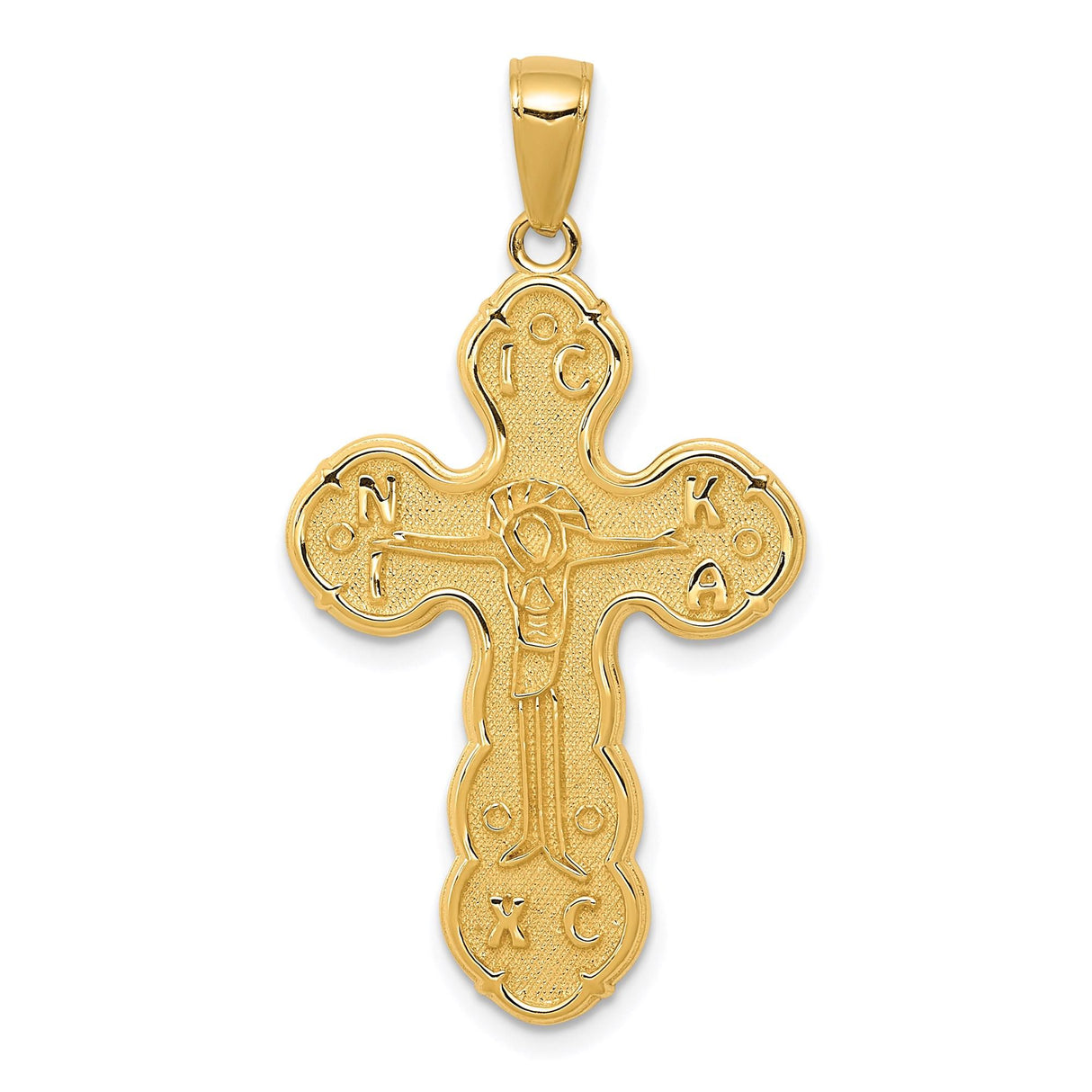 14k Yellow Gold Orthodox Crucifix Pendant with Byzantine Style Cross and Textured Detail