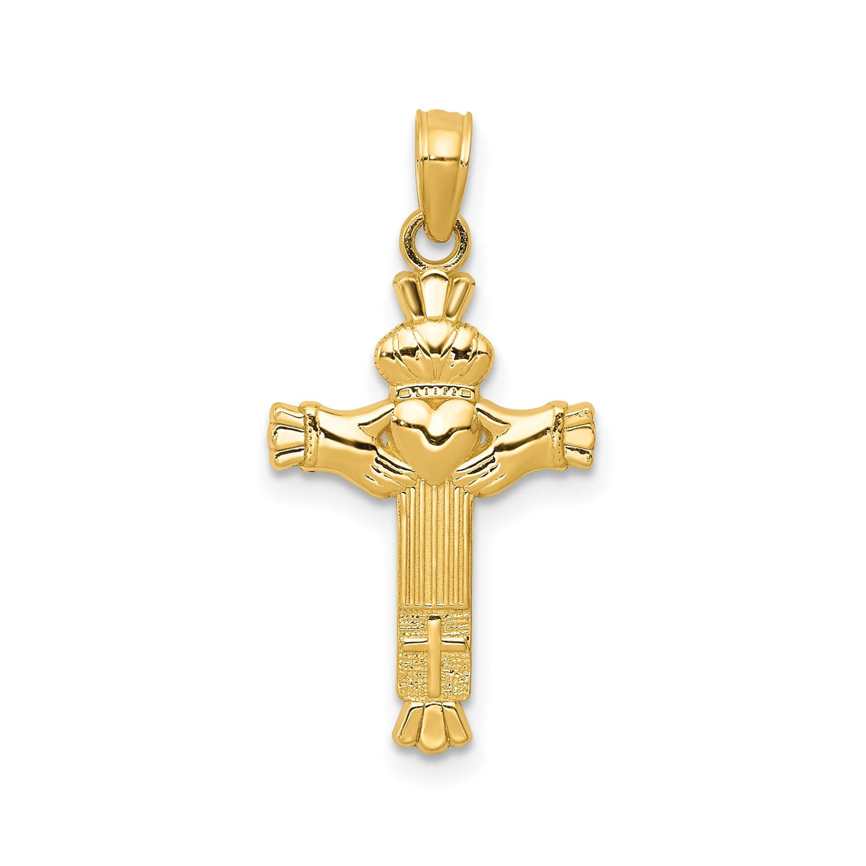 14k Yellow Gold Claddagh Cross Pendant with Heart Crown Symbol, Irish Celtic Design