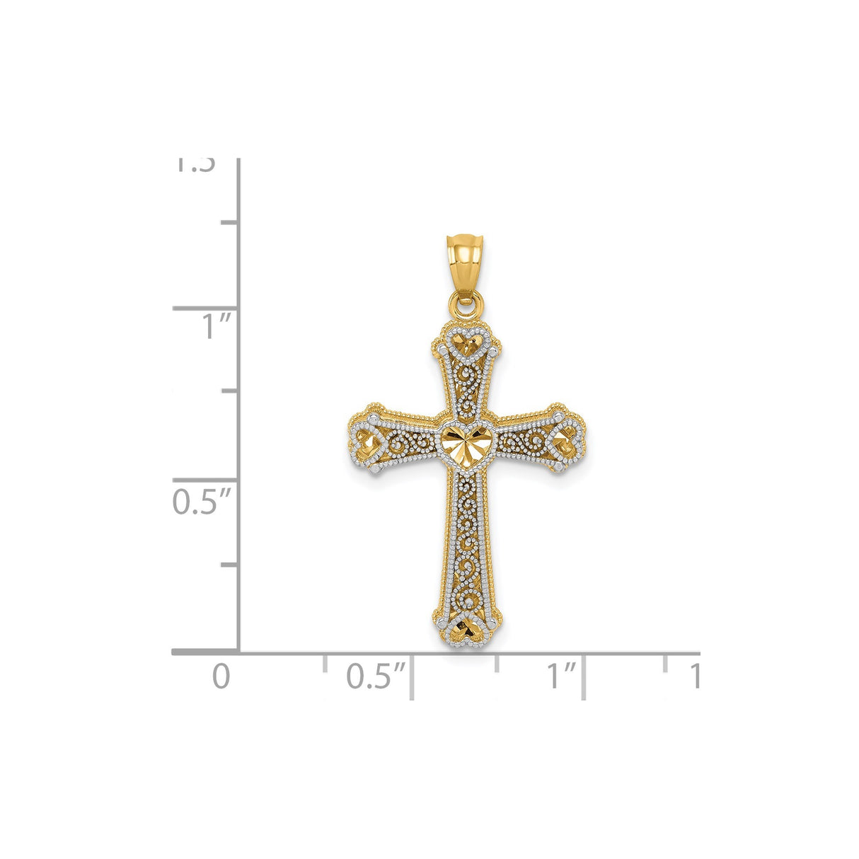 14k Two-Tone Gold Cross Pendant with Fleur de Lis, Heart Accents, and Vintage Filigree Detailing