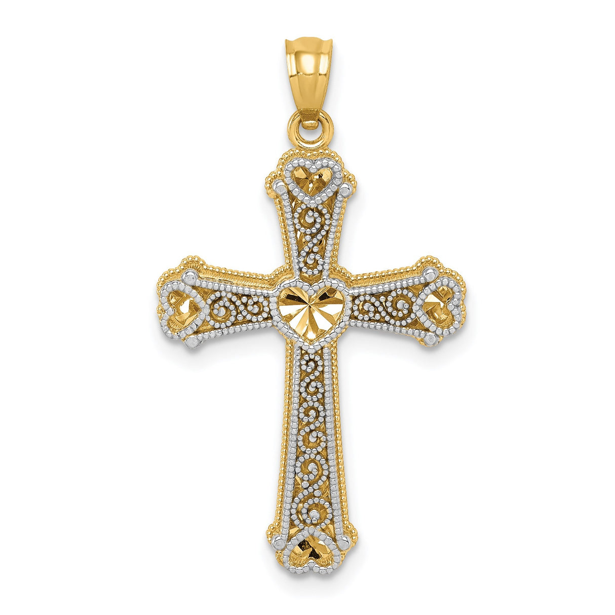 14k Two-Tone Gold Cross Pendant with Fleur de Lis, Heart Accents, and Vintage Filigree Detailing