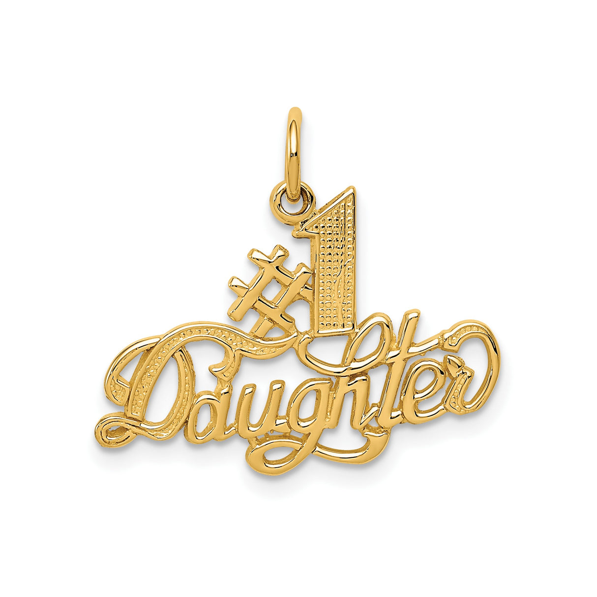 14k Yellow Gold Number One Daughter Pendant with Textured Script Design
