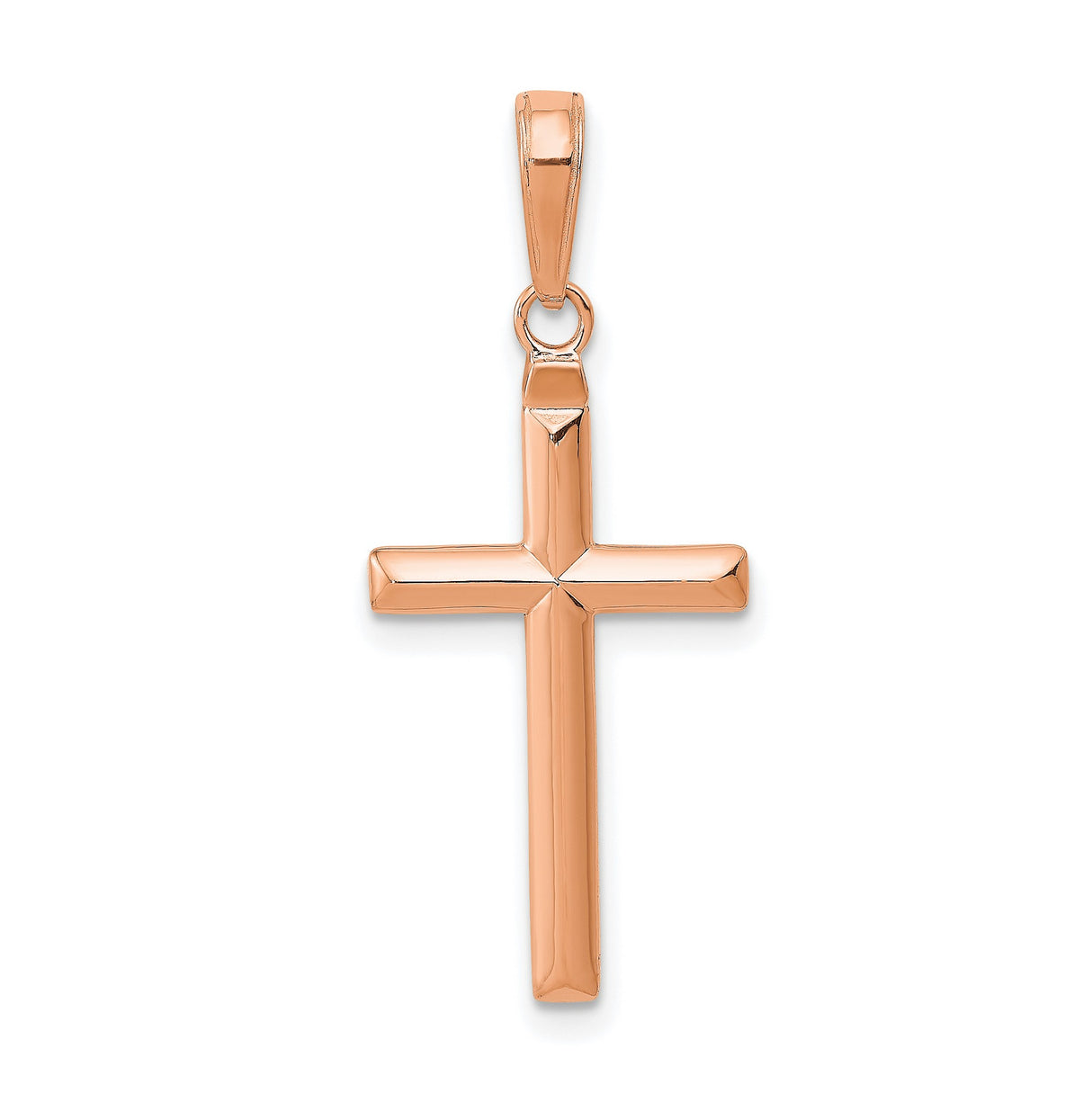 14k Rose Gold Cross Pendant with Geometric Latin Design and Polished Beveled Edges