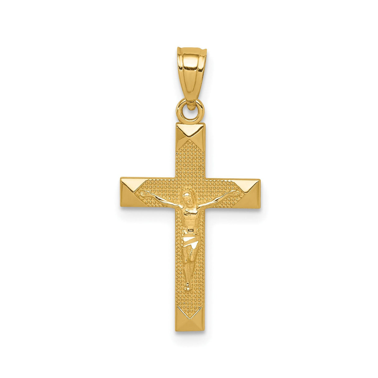 14k Yellow Gold Crucifix Pendant with Raised Christ Figure and Beveled Edges
