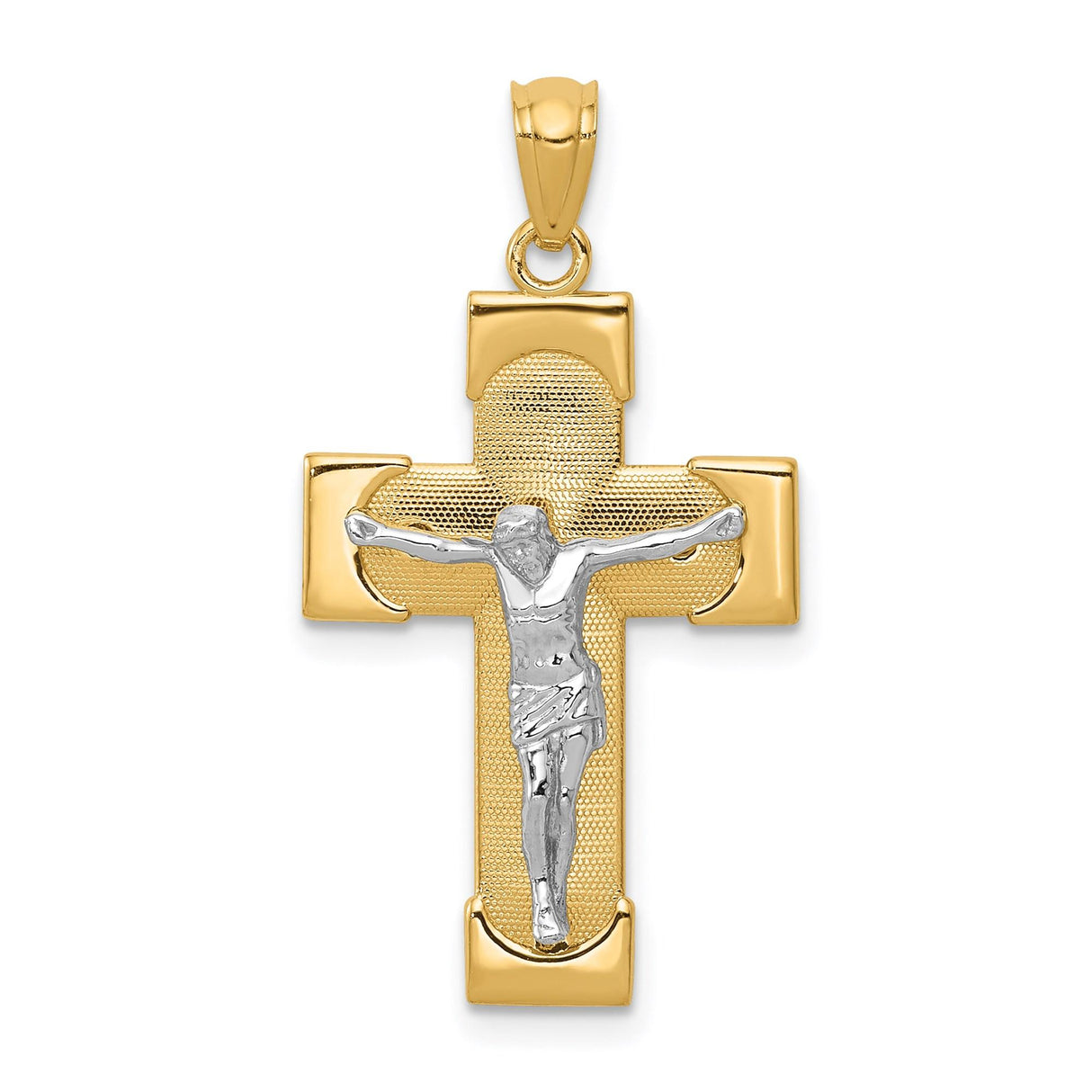 14k Multi-Tone Gold Crucifix Cross Pendant with Jesus Figure, Religious Charm