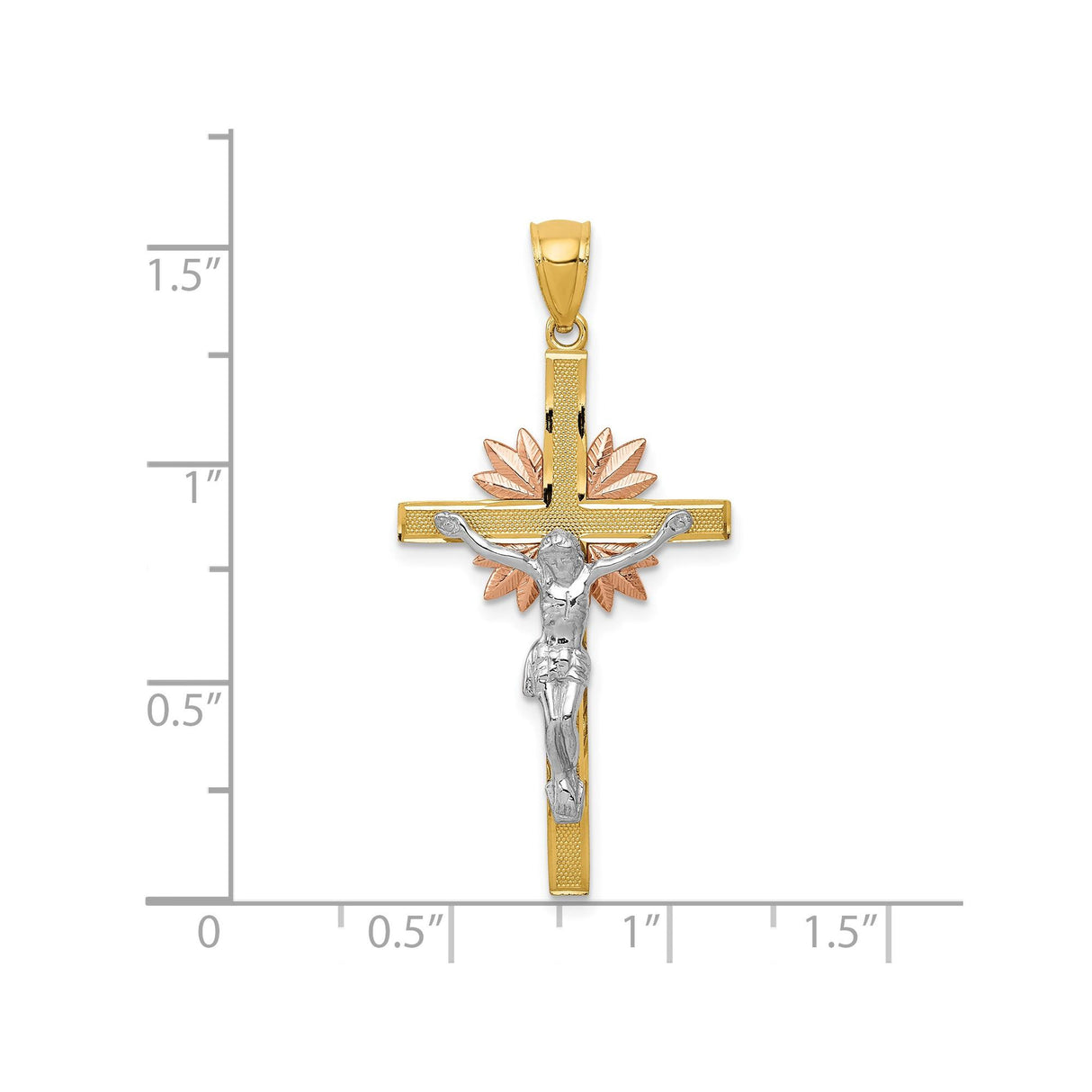 14k Multi-Tone Gold Crucifix Pendant with Jesus Figure and Rose Detailing