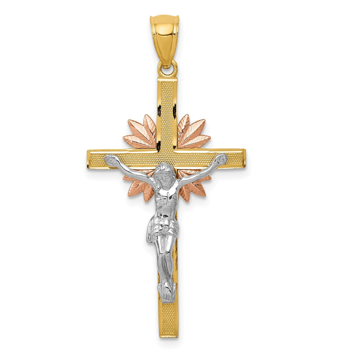 14k Multi-Tone Gold Crucifix Pendant with Jesus Figure and Rose Detailing