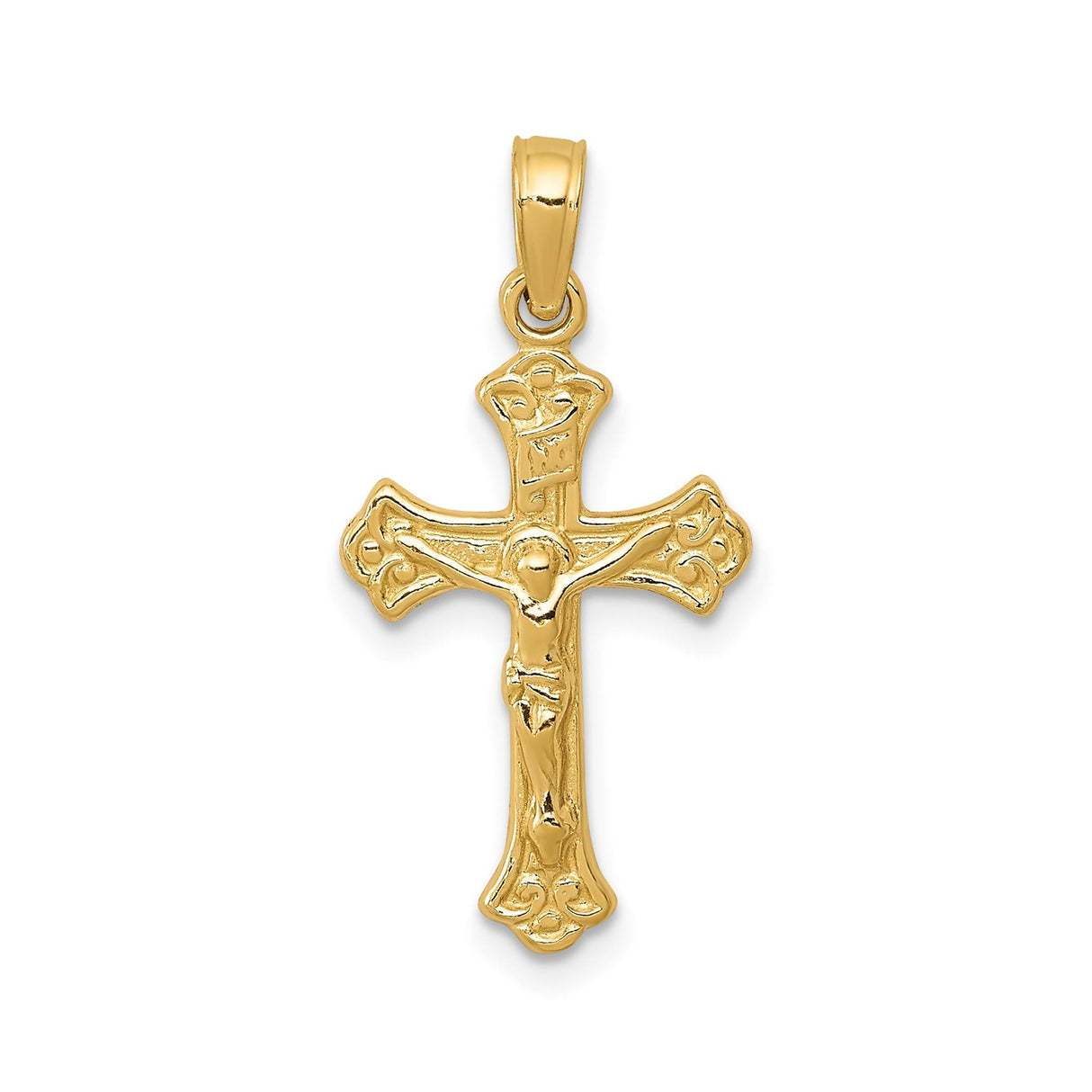 14k Yellow Gold Crucifix Pendant with Fleur de Lis Cross Detailing, INRI Christian Charm