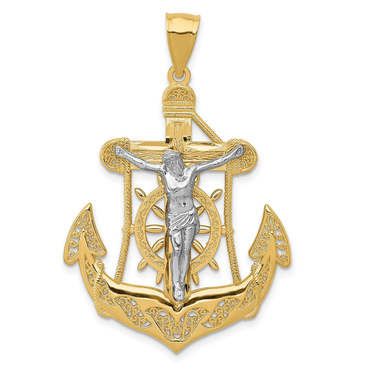 14k Two-Tone Gold Cross Pendant with Anchor and Ship Wheel Design for Men and Women
