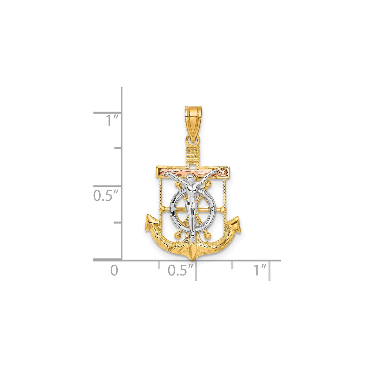 14k Tri Color Gold Crucifix Anchor Pendant with Ship Wheel Detail for Men and Women