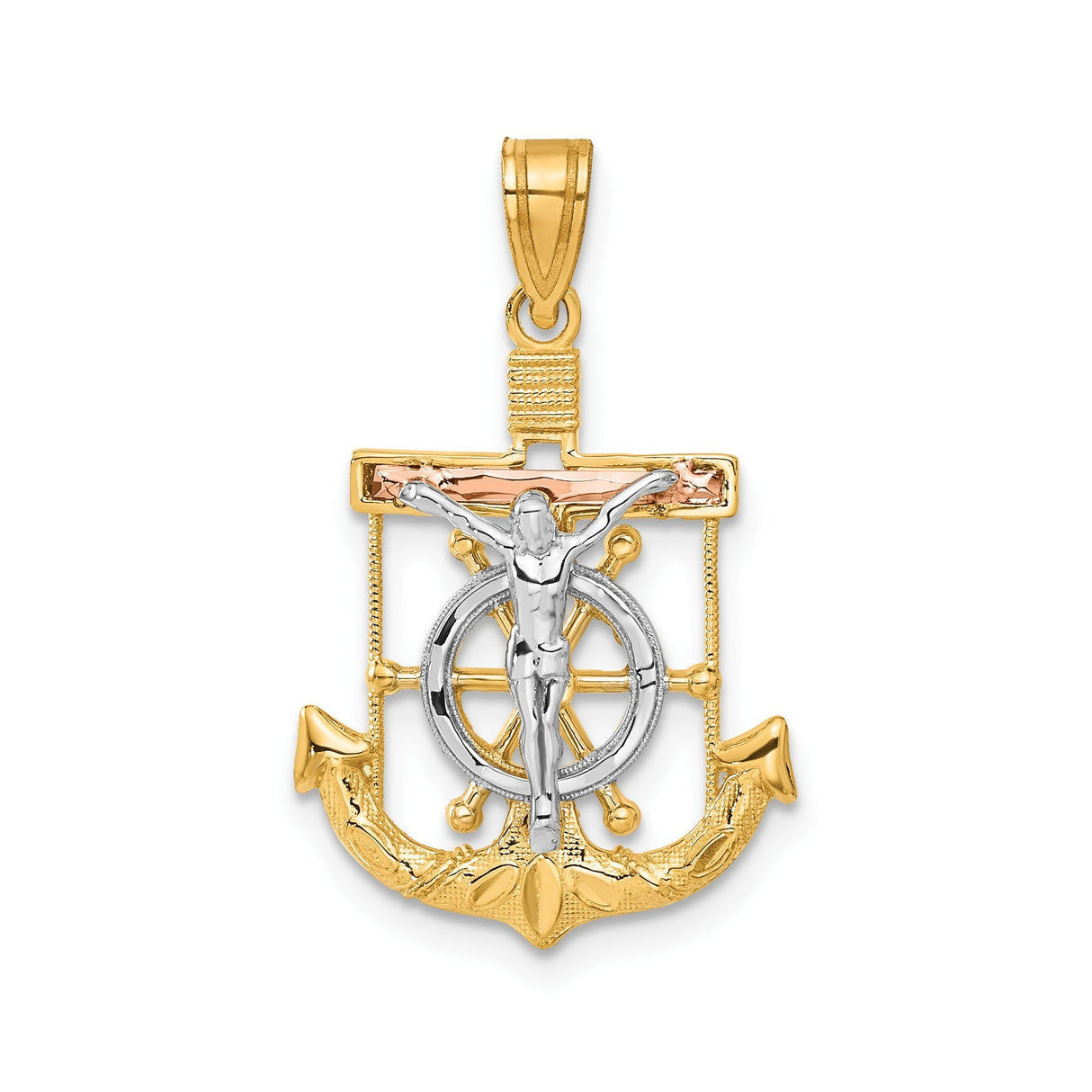 14k Tri Color Gold Crucifix Anchor Pendant with Ship Wheel Detail for Men and Women