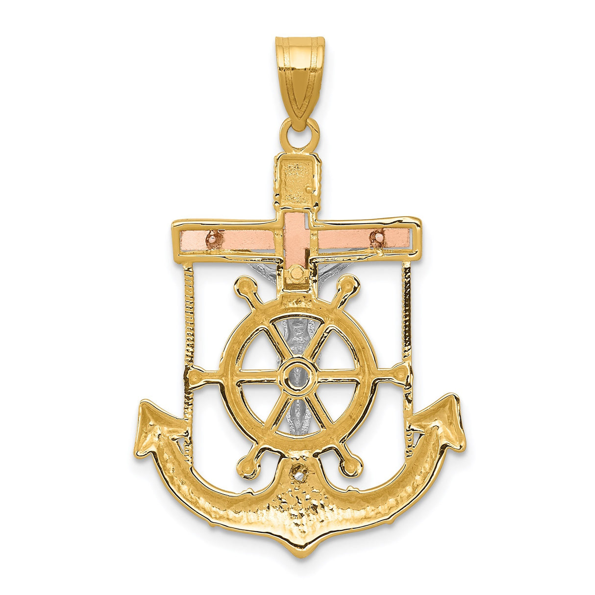 14k Tri Color Gold Anchor Cross Pendant with Ship Wheel Detail