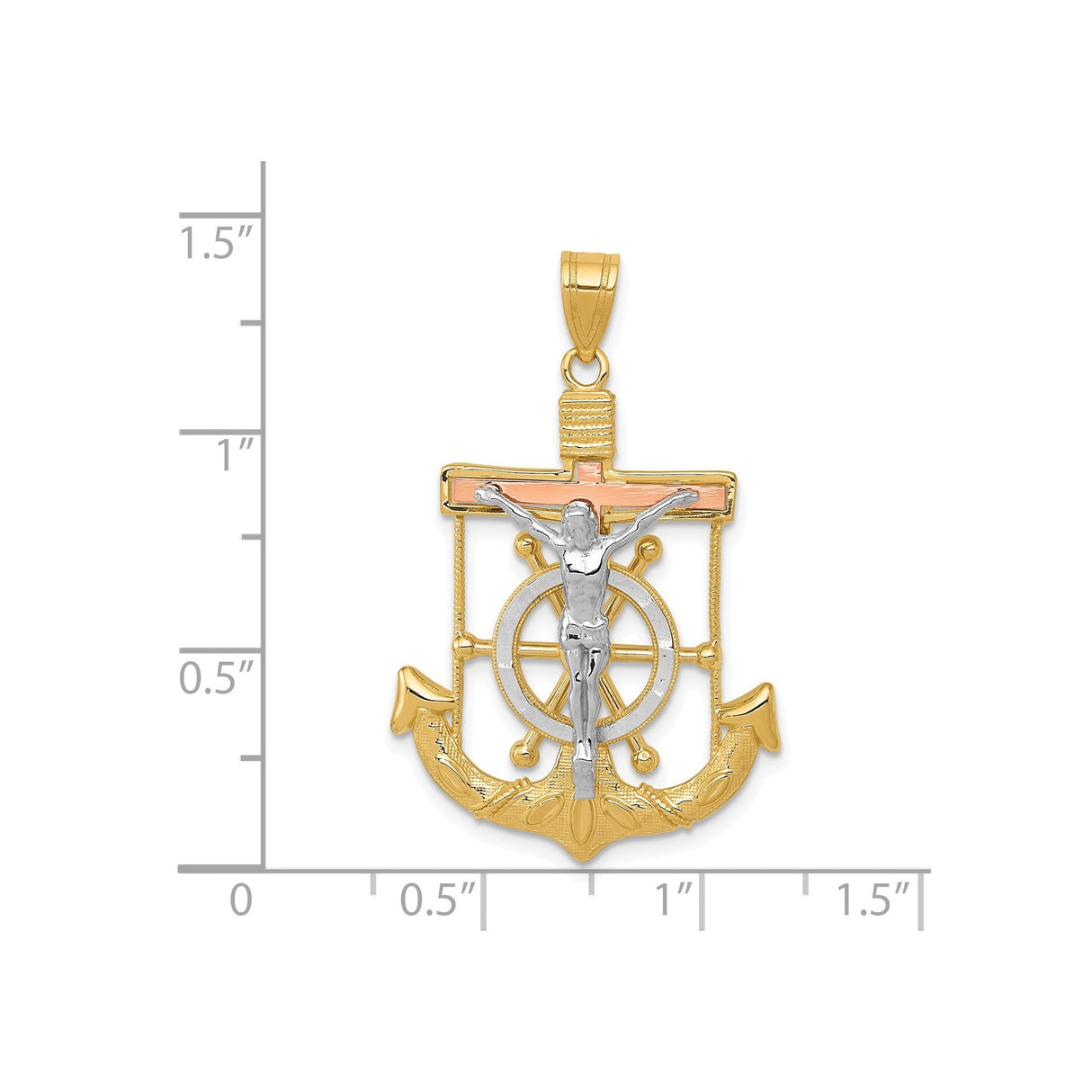 14k Tri Color Gold Anchor Cross Pendant with Ship Wheel Detail