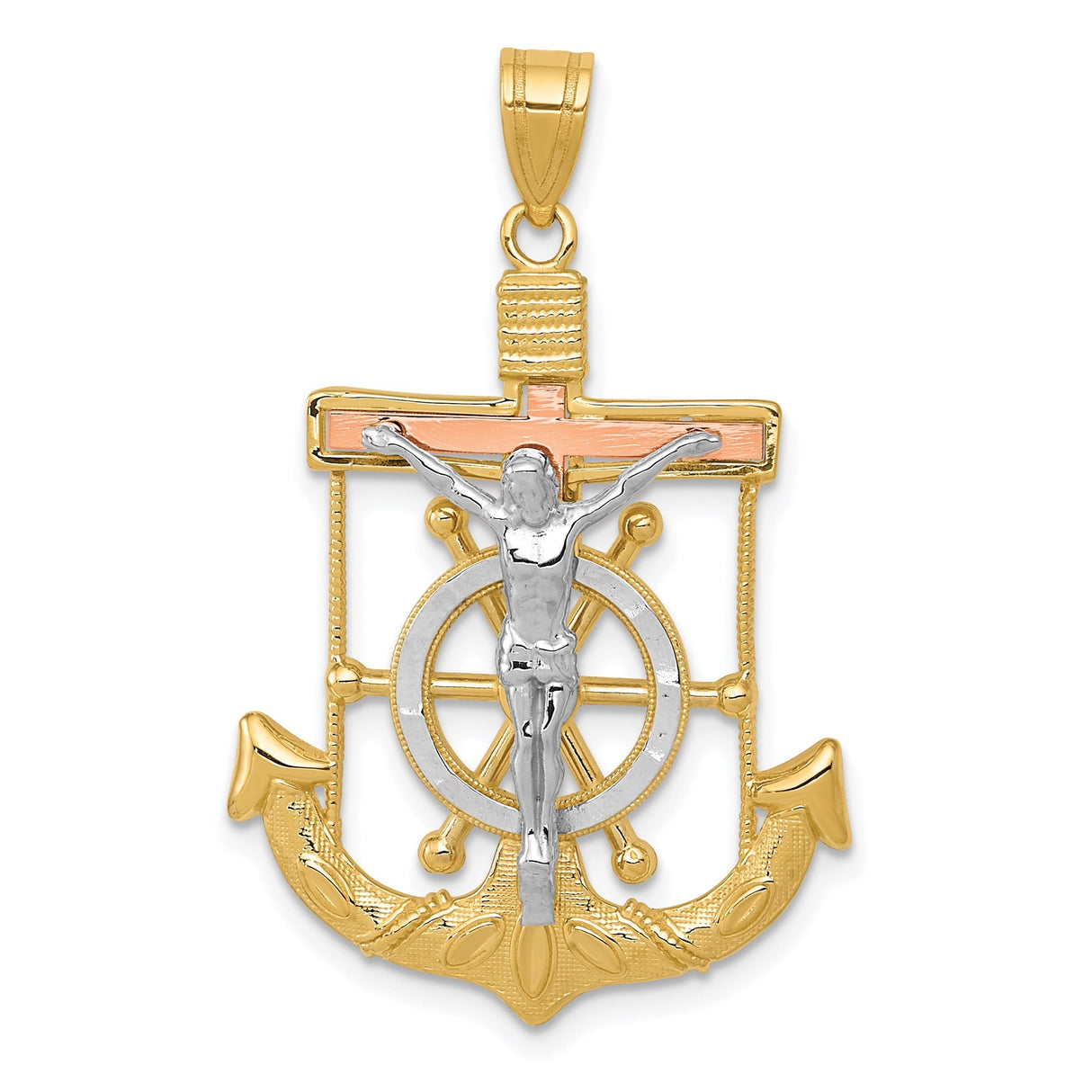 14k Tri Color Gold Anchor Cross Pendant with Ship Wheel Detail