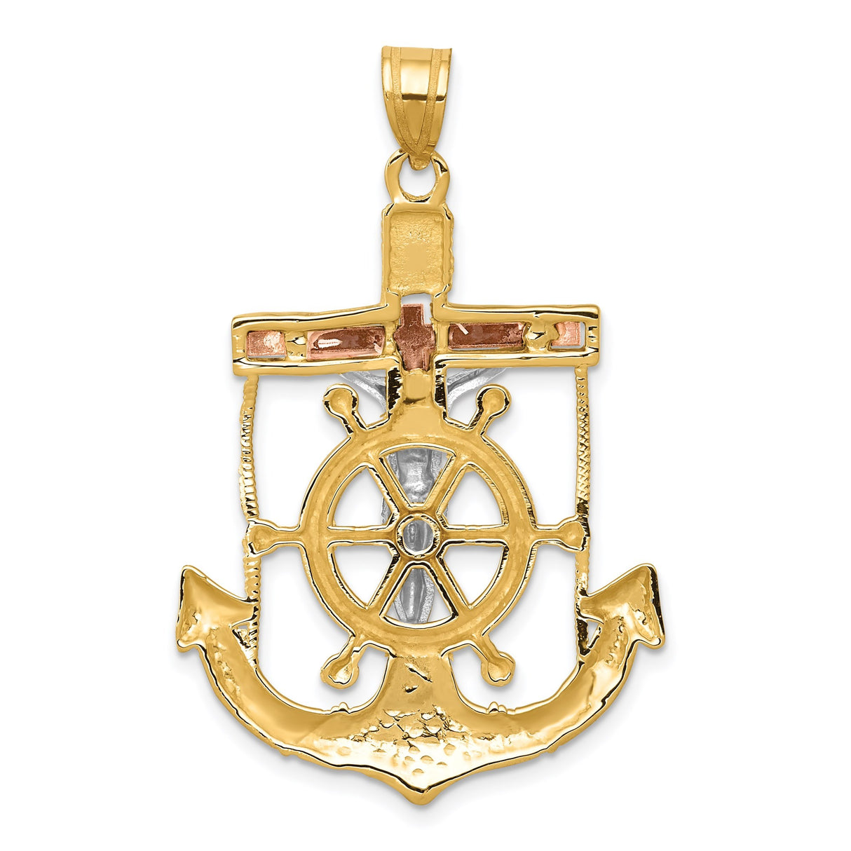 14k Tricolor Gold Anchor Crucifix Pendant with Ship Wheel and Rope Cross Design