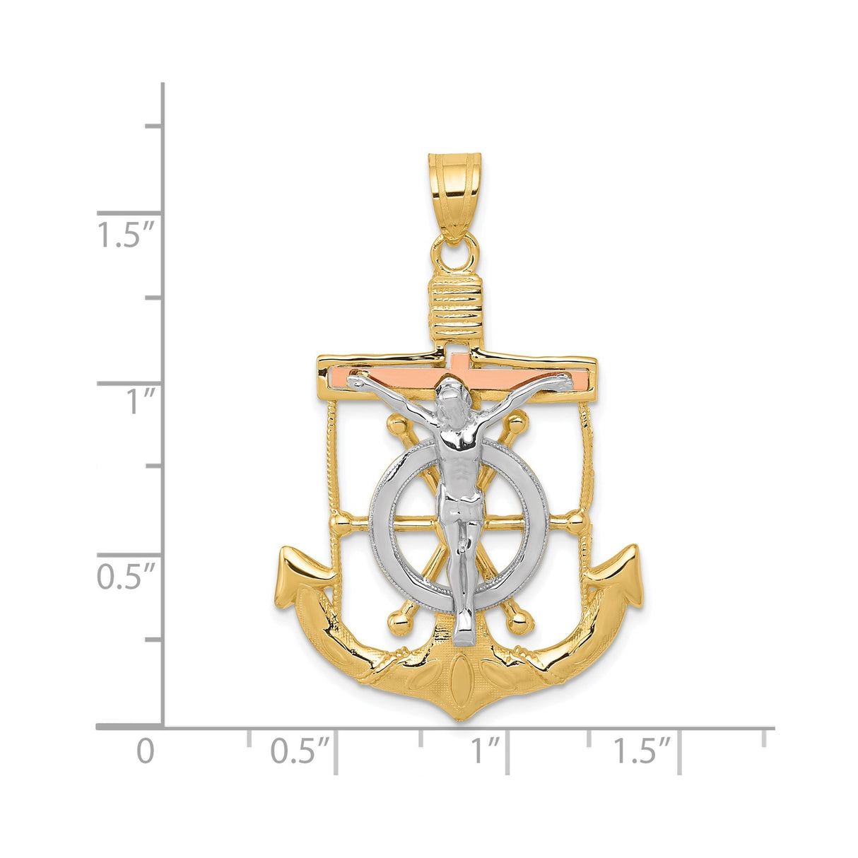 14k Tricolor Gold Anchor Crucifix Pendant with Ship Wheel and Rope Cross Design