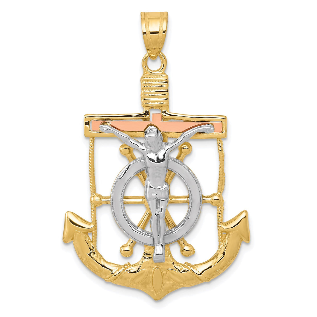 14k Tricolor Gold Anchor Crucifix Pendant with Ship Wheel and Rope Cross Design
