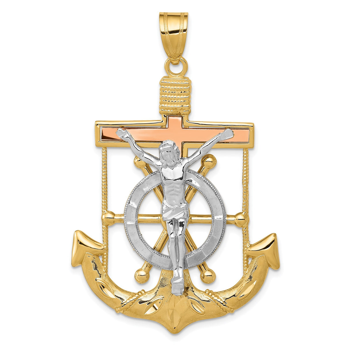 14k Tri Color Gold Crucifix Pendant with Anchor, Helm, and Rope Accents