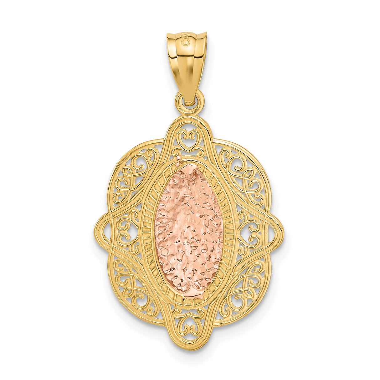 14k Two-Tone Gold Guadalupe Pendant with Filigree Border, Virgin Mary Religious Medal