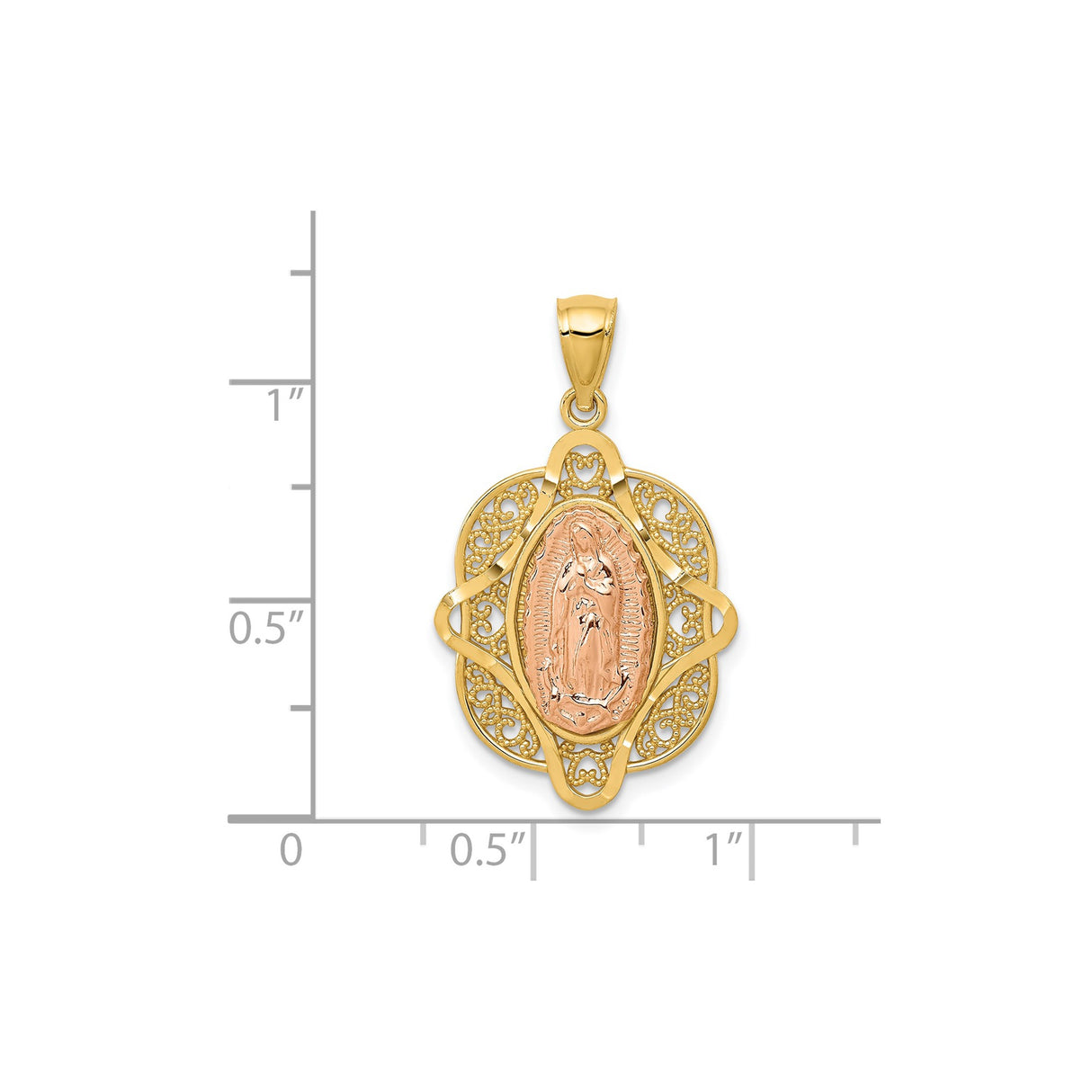 14k Two-Tone Gold Guadalupe Pendant with Filigree Border, Virgin Mary Religious Medal