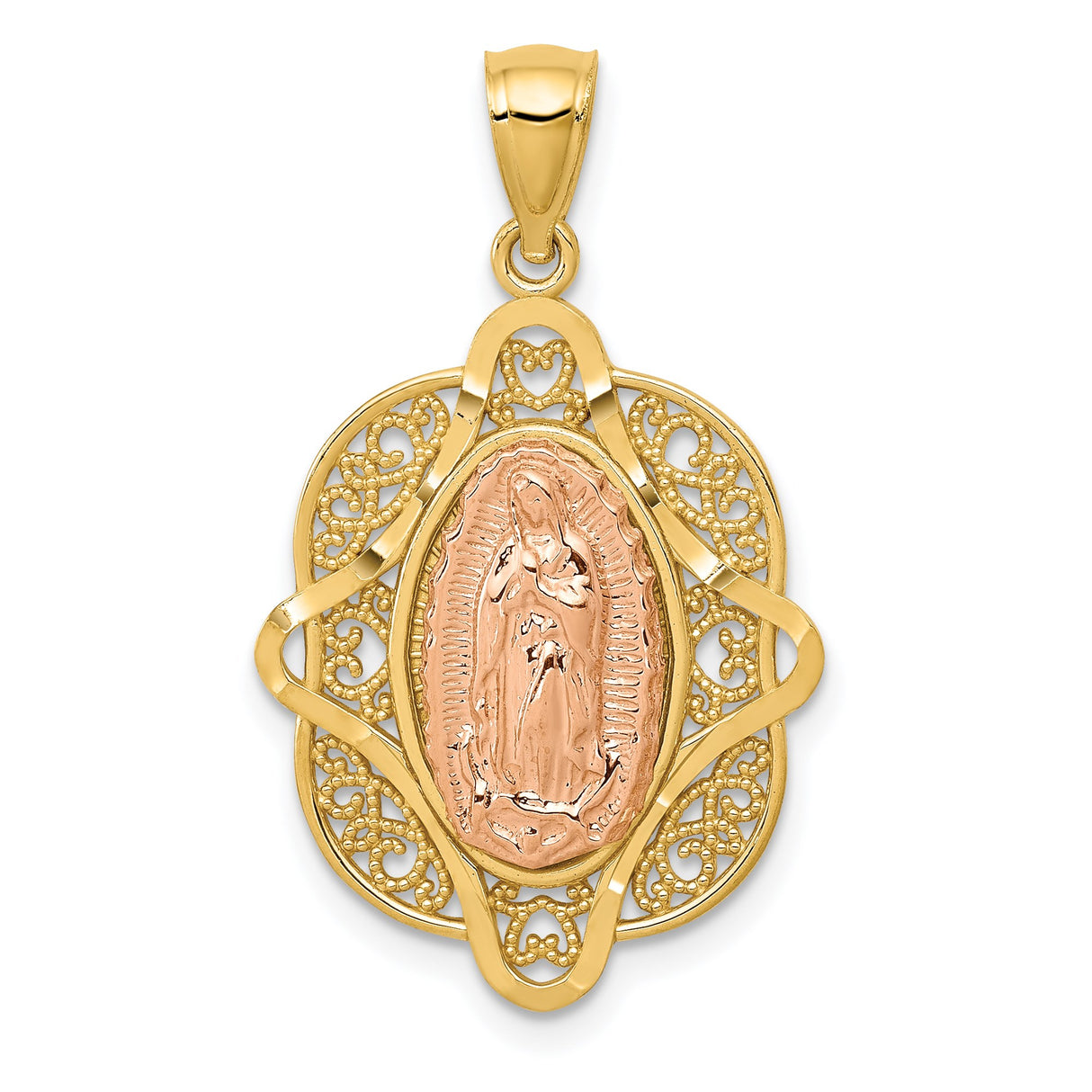 14k Two-Tone Gold Guadalupe Pendant with Filigree Border, Virgin Mary Religious Medal