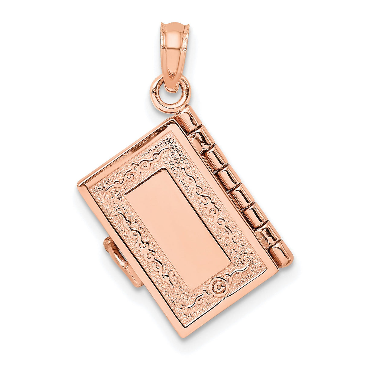 14k Rose Gold Holy Bible Pendant with Detailed Cover Engraving, Moveable Religious Jewelry