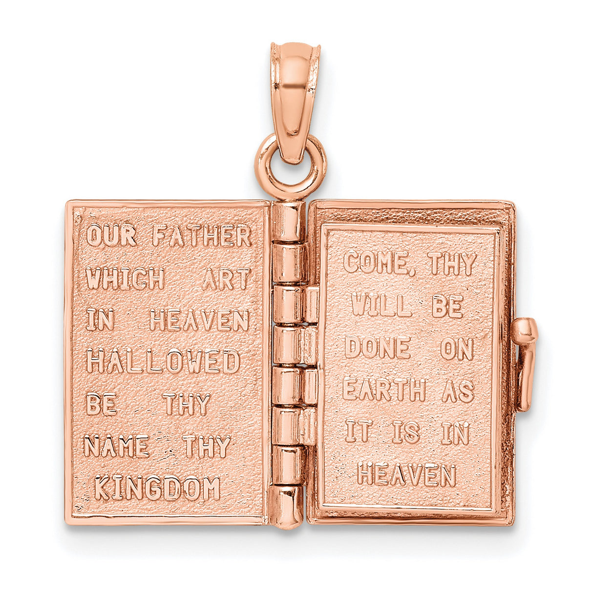 14k Rose Gold Holy Bible Pendant with Detailed Cover Engraving, Moveable Religious Jewelry