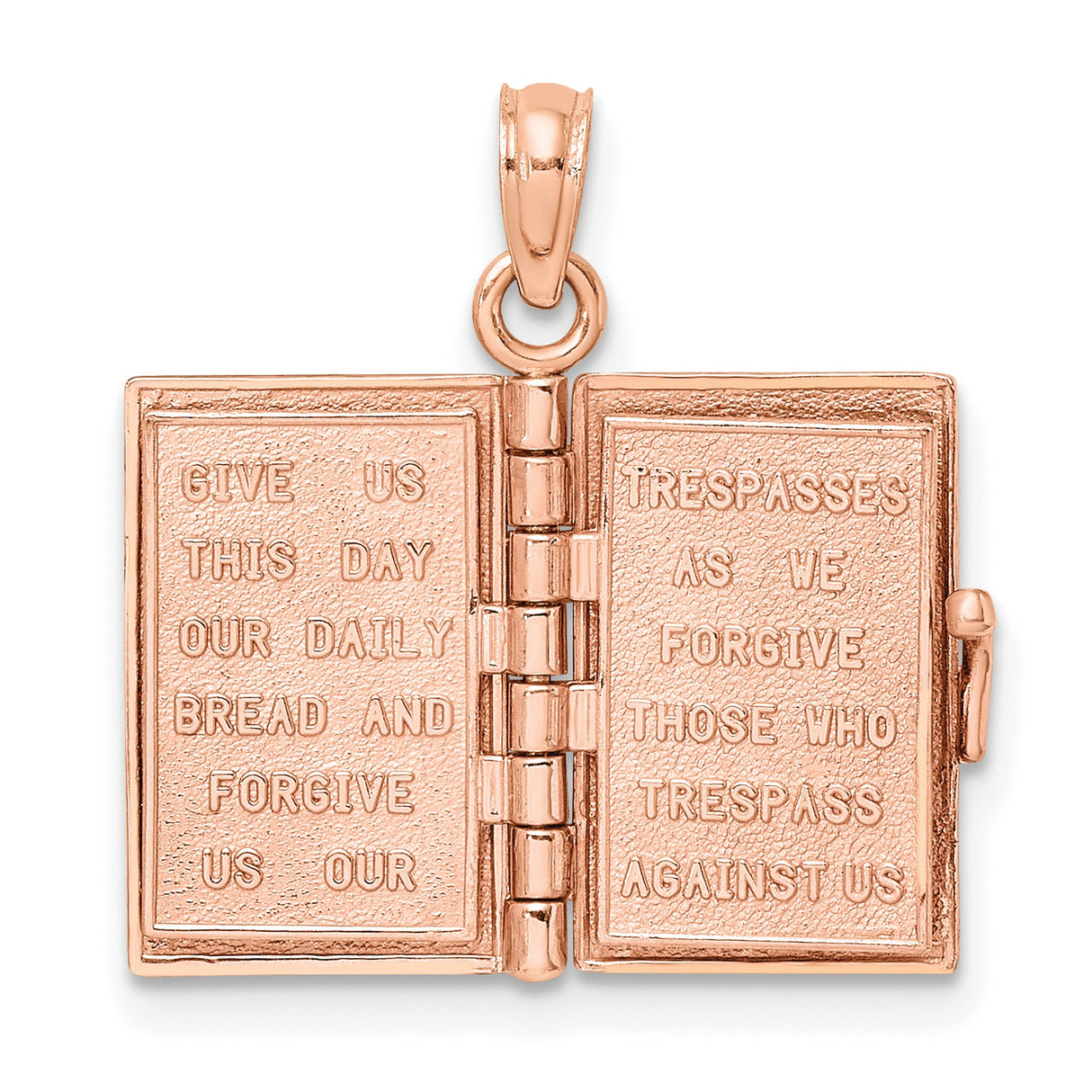 14k Rose Gold Holy Bible Pendant with Detailed Cover Engraving, Moveable Religious Jewelry