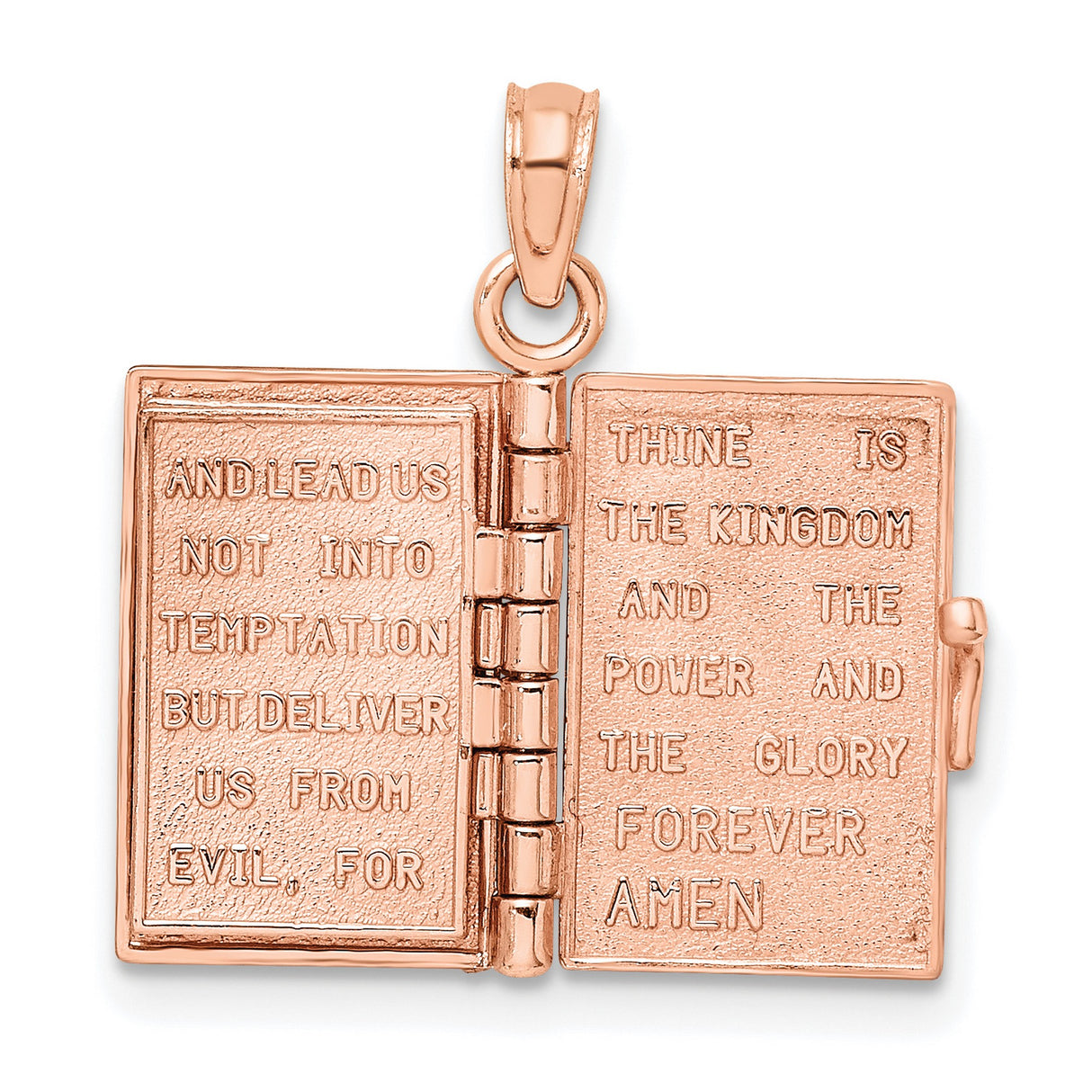14k Rose Gold Holy Bible Pendant with Detailed Cover Engraving, Moveable Religious Jewelry