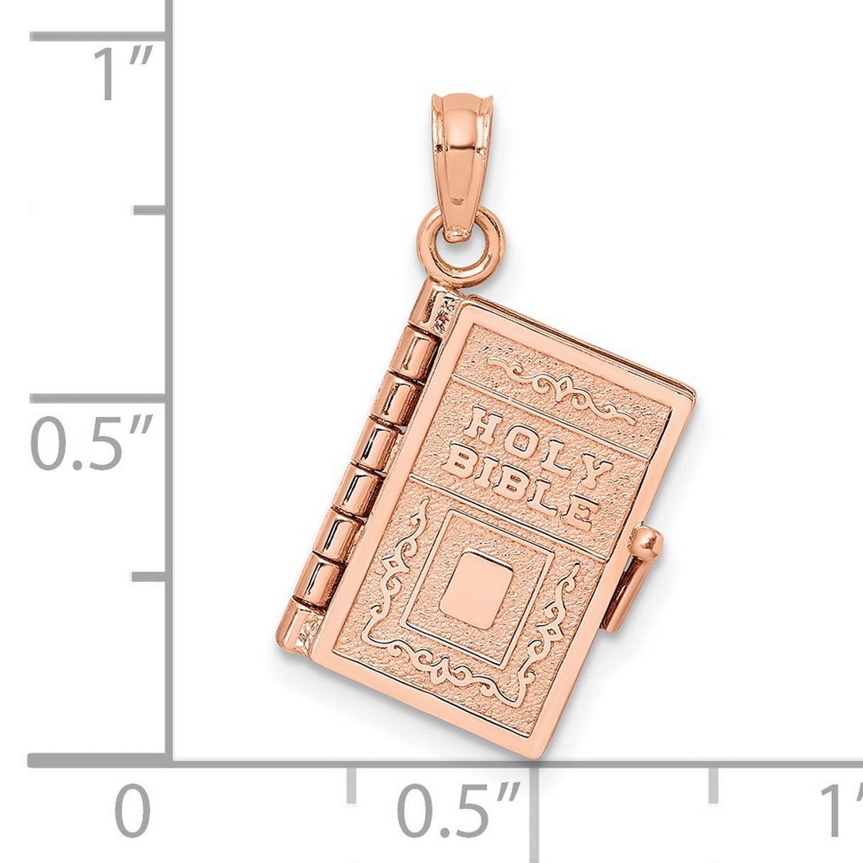 14k Rose Gold Holy Bible Pendant with Detailed Cover Engraving, Moveable Religious Jewelry