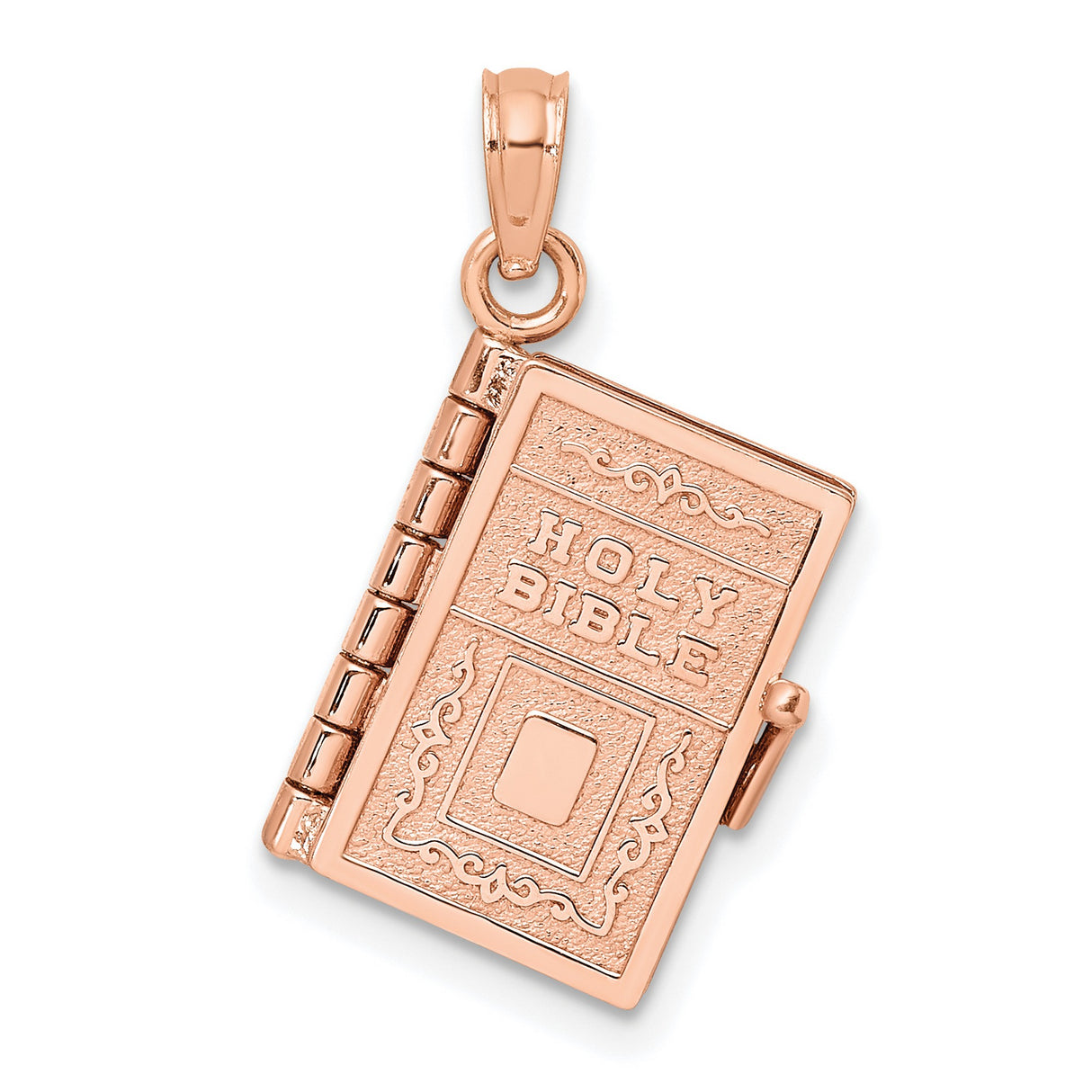 14k Rose Gold Holy Bible Pendant with Detailed Cover Engraving, Moveable Religious Jewelry