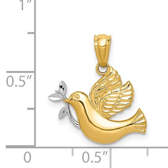 14k Yellow Gold Multi-Tone Dove Pendant with Olive Branch, Christian Faith Jewelry for Women