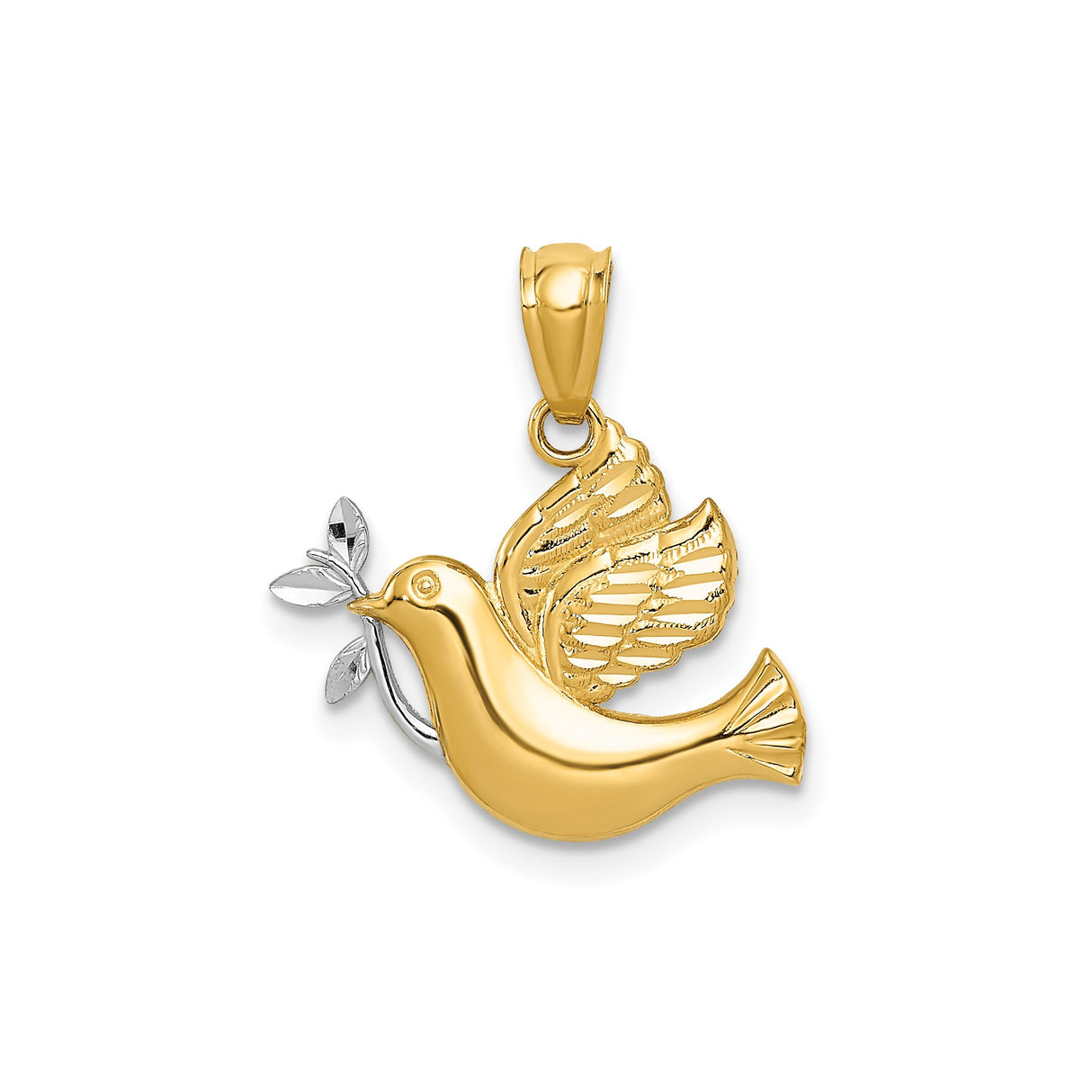 14k Yellow Gold Multi-Tone Dove Pendant with Olive Branch, Christian Faith Jewelry for Women